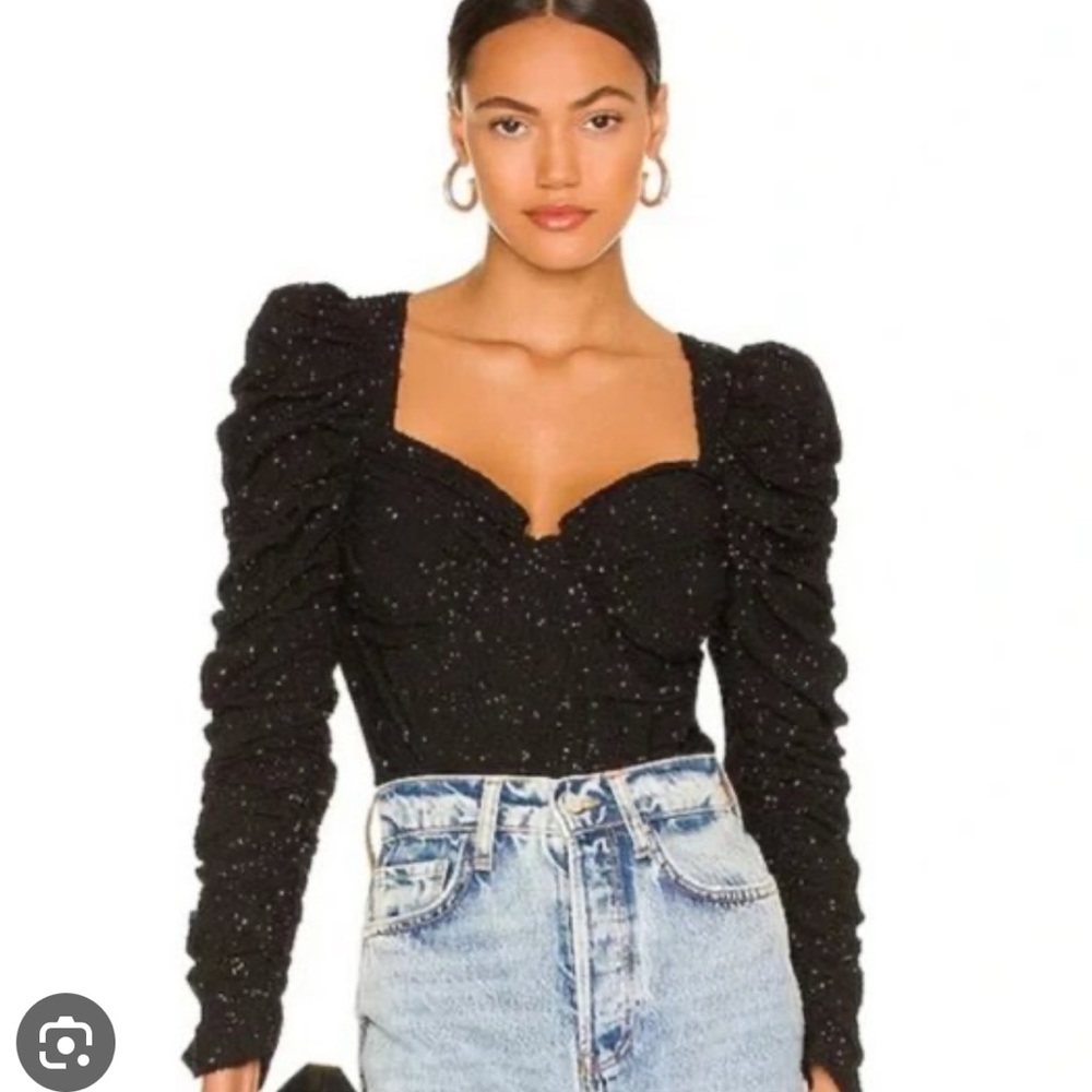 ASTR Caldwell Puff Shoulder Black Glittery Metallic Sweetheart Top medium